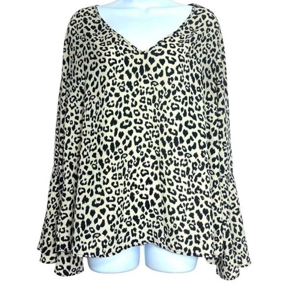 Leopard Print Bell Sleeve Blouse Krazy Kat Womens XL‎ Boho Flowy Tunic Top